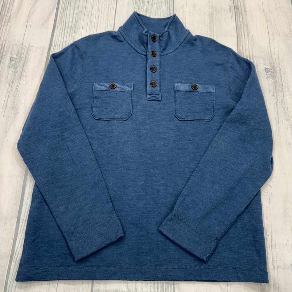 Lucky Brand Mockneck‎ Sweater L Large Blue Button Pockets Pullover Mens